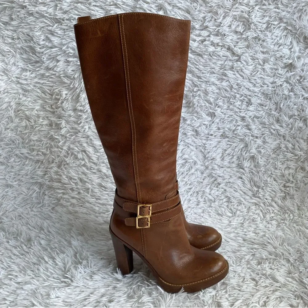 Tory Burch Brown Leather Platform Heels Boots with Ankle Straps Size 8 - Picture 3 of 11